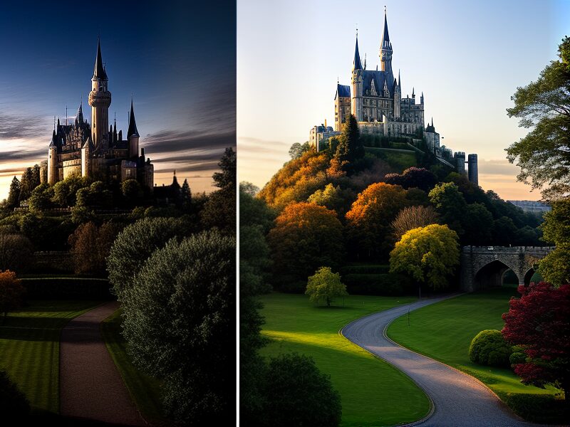 Illustration of different fictional settings, including urban landscapes, medieval castles, and futuristic cities