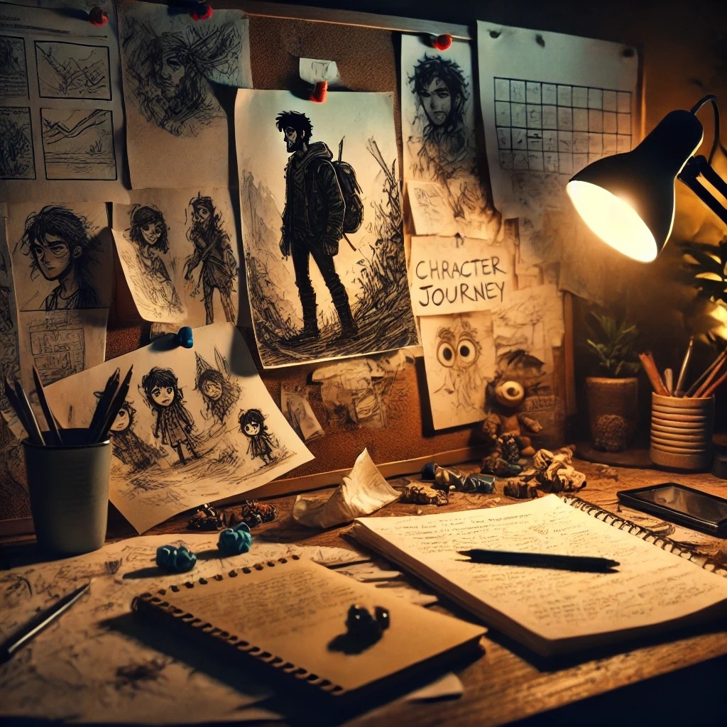 A dimly lit workspace with scattered notes and sketches of a characters struggles as an internal conflict in writing.