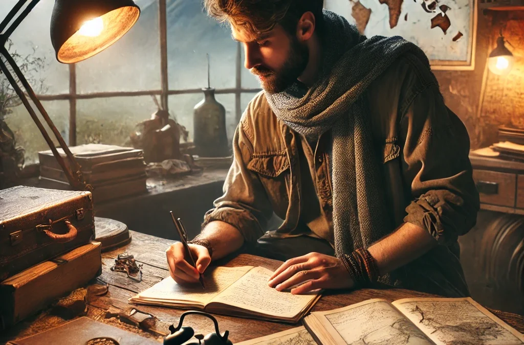 An adventurous writer brainstorming character ideas at a cozy wooden desk, surrounded by books, maps, and notes, with a misty mountain landscape in the background.