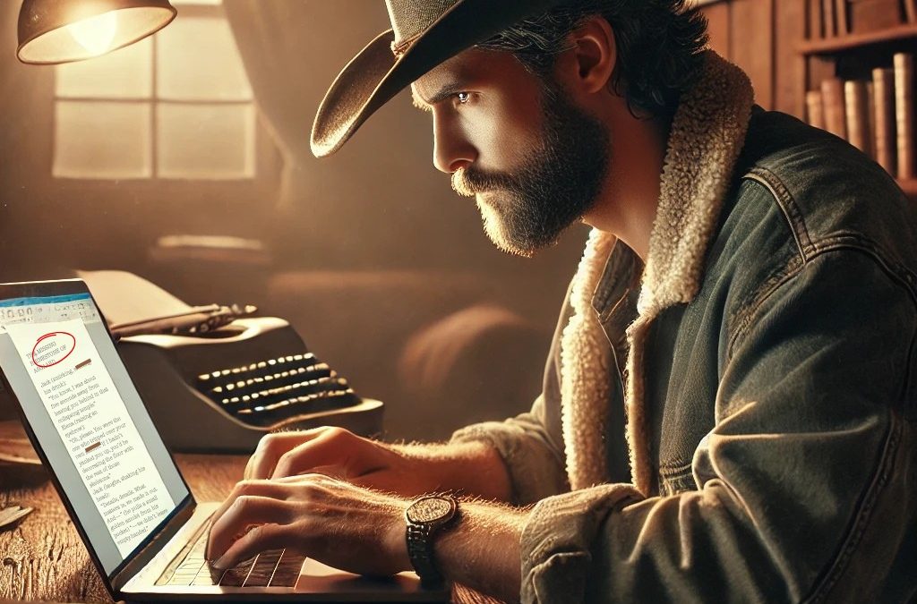 A writer editing a dialogue scene on a laptop, refining character conversations for realism and engagement.