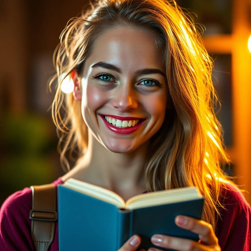 Photorealistic close-up, dramatic cinematic lighting, bright vibrant colors. Successful female author, 20s, freckles, joyful expression, holding a book. Energetic, film-like composition