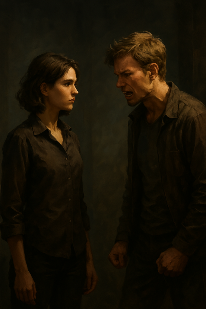 A dramatic scene of two characters in conflict—one standing in defiance, the other tense with frustration, set in a dimly lit, moody background.